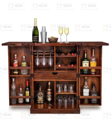 Image of Credenza Elegant Wooden Bar Cabinet | Home Bar Furniture with Storage | Wine Rack with Drawer | Ideal for Living Room in Honey Finish