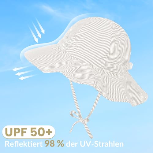 Durio Sonnenhut Baby Hut Kinder Verstellbarer Faltbare UV-Schutz mit Verstellbarem Bindebändern und Breite Krempe Beige Streifen 0-6 Monate (Tag Size XS)
