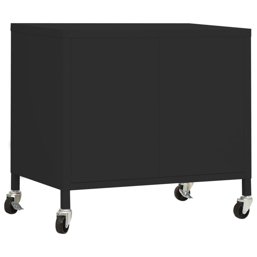 Armario de taller de acero negro 60 x 35 x 56 cm con 4 ruedas y estante ajustable, solución de almacenamiento robusta para exterior y oficina para jardín, balcón y oficina en casa