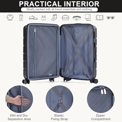 Luggage Sets, Hardshell Suitcases Set with TSA Lock, 3 Piece Luggage Sets with Spinner Wheels, Hardside Expandable Suitcase Set for Travel or Business Trip, 20/24/28inch(Black)3