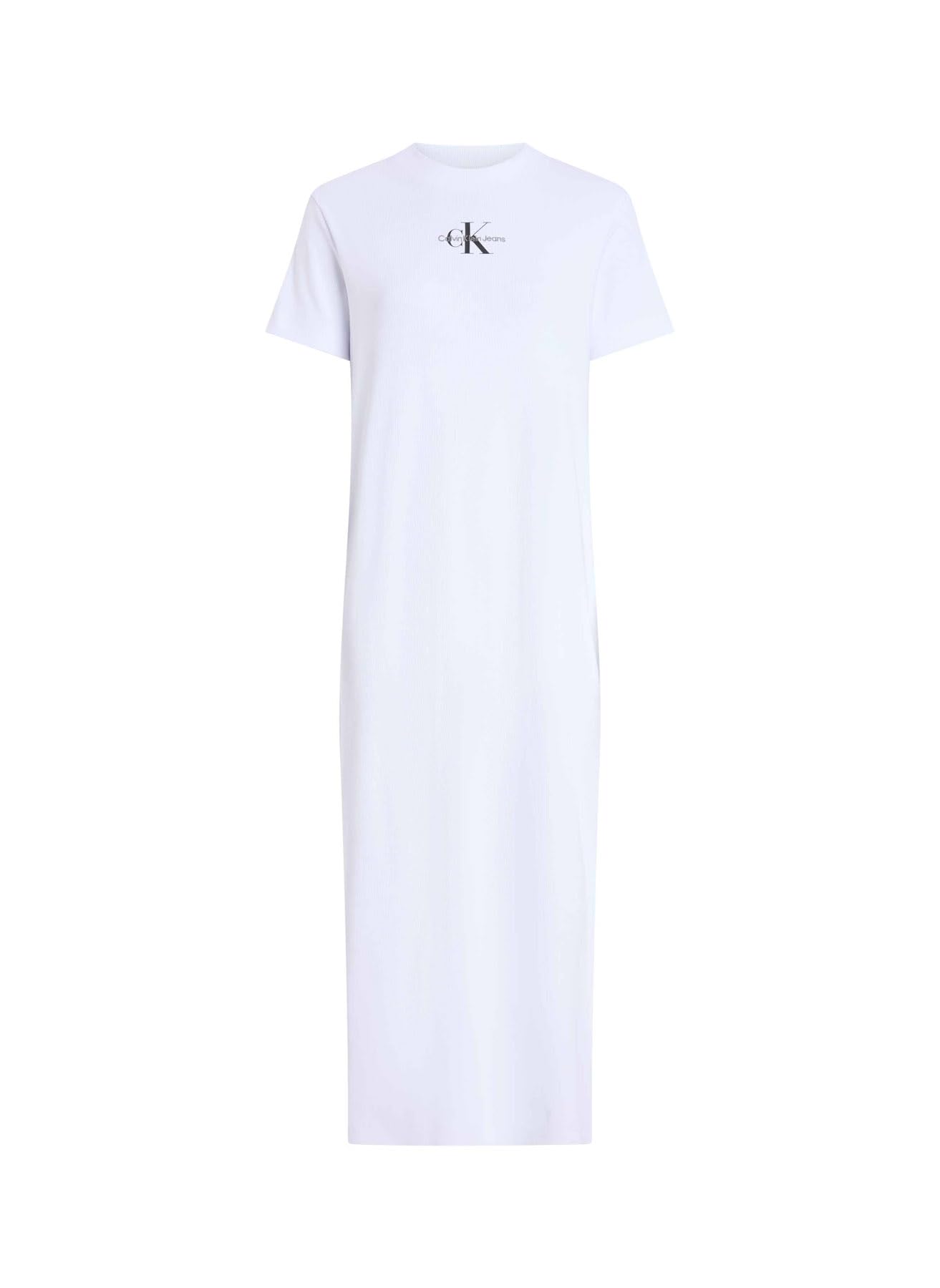 Calvin Klein Women’s Round Neck Monologo Long Rib T-Shirt Dress, White (Brilliant White), XXS