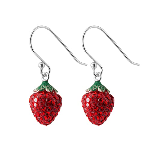 Cute CZ Strawberry 925 Sterling Silver Small Dangle Drop Earrings for Women Teen Girls Dainty Lovely Red Cubic Zirconia Fruit Short Dangling Hanging Hypoallergenic for Sensitive Ear Fashion Jewelry Gifts Her Daughter Bff Birthday Valentine's Day