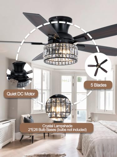 Image of 52 Inch Flush Mount Crystal Ceiling Fan with Lights and Remote | Farmhouse Fandelier Ceiling Fan Rustic Chandelier for Bedroom Living Room, 5 Dual Blades 2 E26 Sockets Reversible 6 Speeds