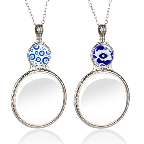 2 Pack Magnifying Glass Necklaces10x Magnifying Long Chain Womens Choker for Reading Jewelry Needlework Vision Enhancement (Blue+White)
