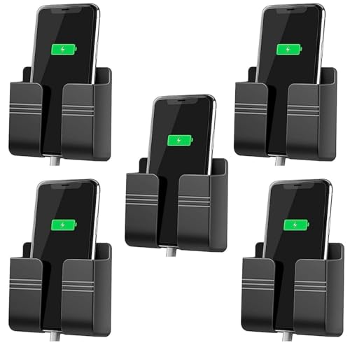 Image of Wall Mounted Adhesive Remote Control Stand Mobile Phone Holder for Charging AC /TV Storage Box for All Smartphones | Pack of 5 (Black)