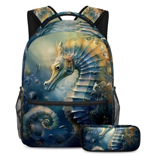 Ensemble cartable rétro marine hippocampe vintage grand sac à dos scolaire fille garçon