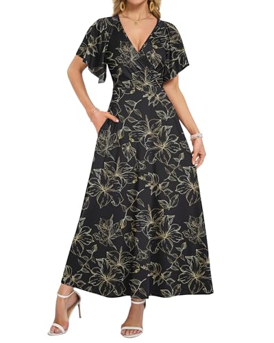 WNEEDU Robes d'été pour Femme Robe Longue col en V Robe Portefeuille élégante Robe de Plage à Manches Courtes avec Poches Feuille d'or Noire M