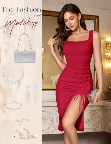 Image of HomRain Mesh Bodycon Dress for Women Square Neck Sexy Ruched Elegant Cocktail Party Midi Dresses