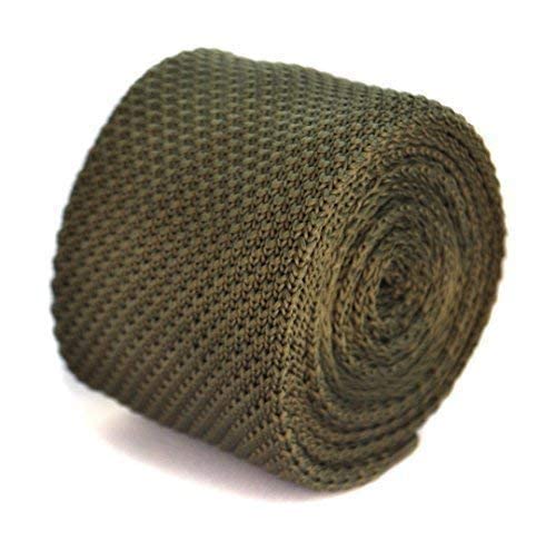 Frederick Thomas Khaki Army Green Skinny Knitted Tie, Slim Narrow Wool Neck-Tie, Military Style Skinny Necktie for Formal and Casual Wear, Slim 5cm Width