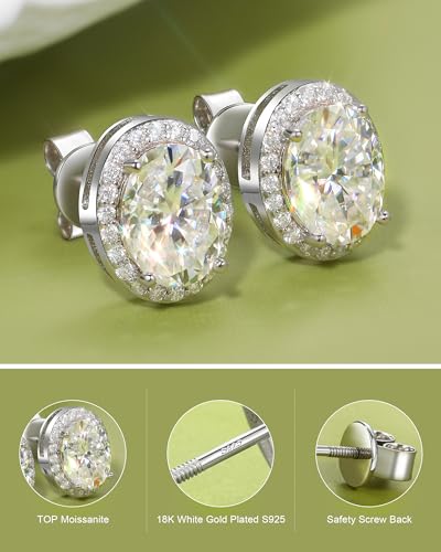 Oval Moissanite Halo Earrings Screw Back 1.18-3.22Carats Moissanite Stud Earrings for Women Men 18k White Gold Plated 925 Sterling Silver Earring D Color VVS1 Simulated Diamond Stud Jewelry Gift3