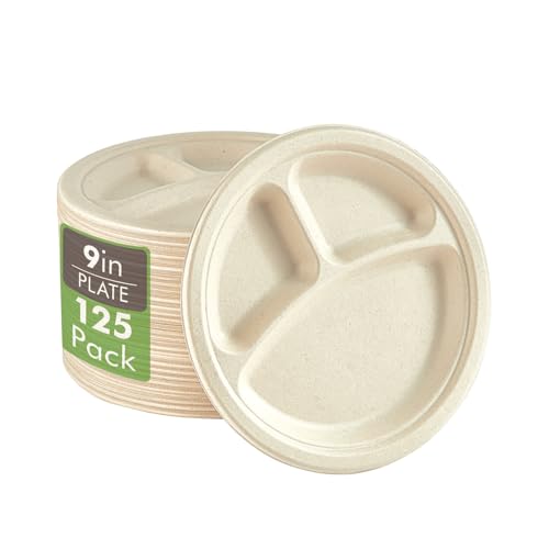 Vplus 100% Compostable Paper Plates, 125 Pack 9 Inch 3 Compartment Plates Disposable, Heavy Duty Biodegradable Plates Made of Sugar Cane Fibers, for Daily meals, Dinner, Parties, BBQ