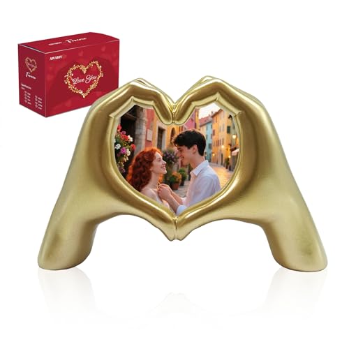 AWAIOY Gold Heart Hands Picture Frame 3x3 - Romantic Small Resin Hand Sculpture Photo Display for Desk, Elegant Wedding Table Decor or Valentine's Day Gift for Her
