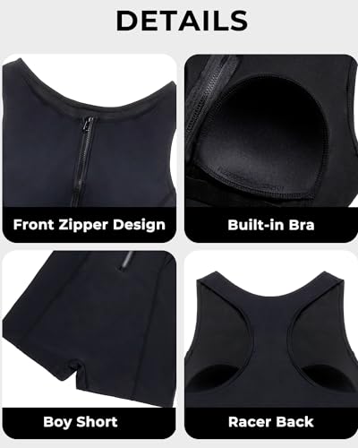Tempt Me Women Black One Piece Boyleg Swimsuit Zip Up Racerback Bathing Suits Athletic Sporty High Neck Swimwear L thumb #2