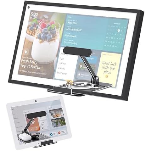 Laivli Aluminum Echo Show 15 Stand, Tilt Stand for Echo Hub and Echo Show 15, with Storage Tray, Easy Switch Device in Portrait and Landscape Mode, Black Cover