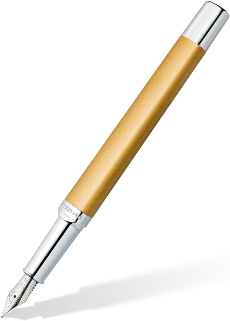 STAEDTLER Triplus 474 M11-3 Fountain Pen 474 M, Colour Glorious Gold, Premium Quality Metal Casing in Ergonomic Triangular Shape, Steel Nib M with Blue Ink Cartridge