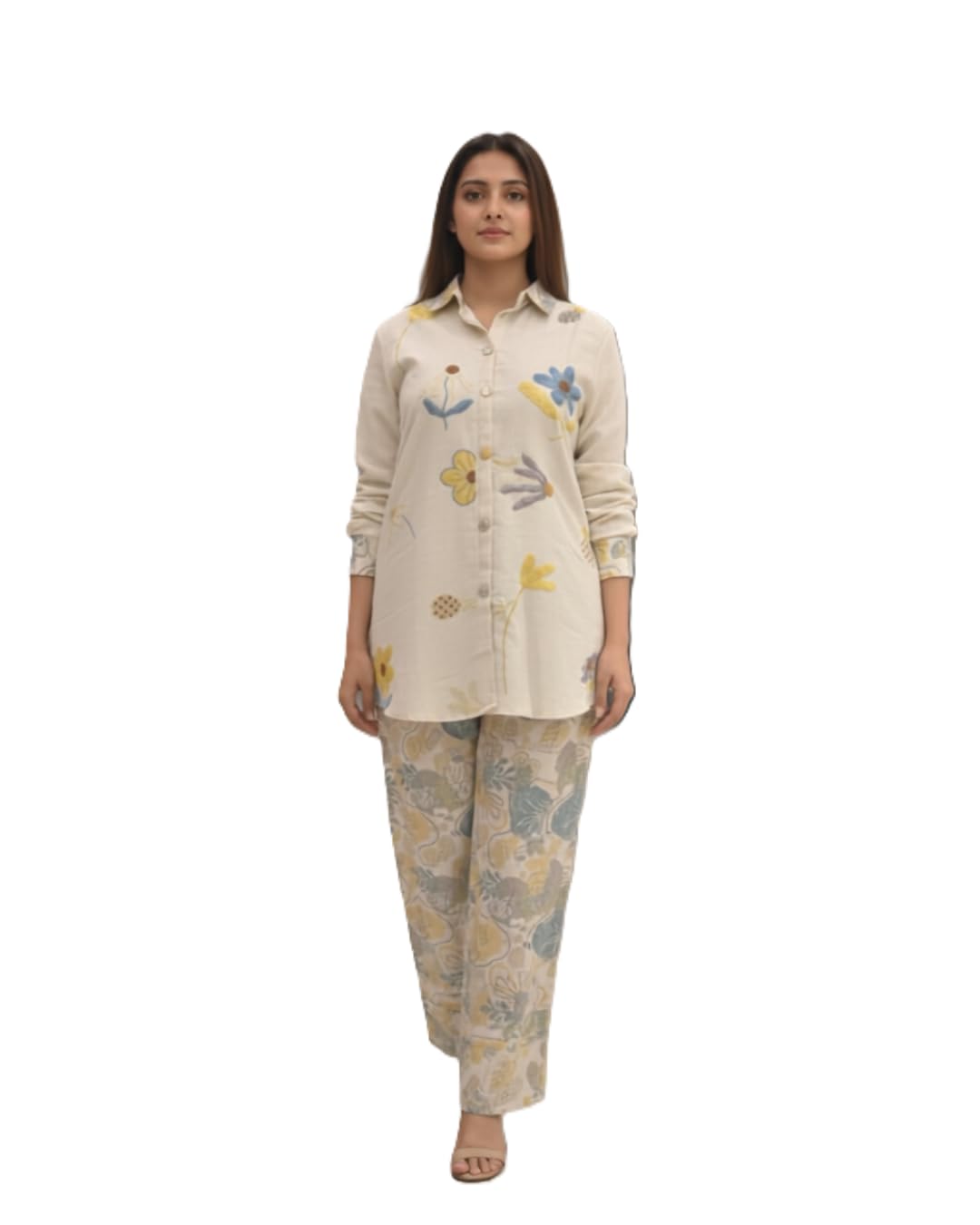Women's Co-ord Set, Off-White, Jute Cotton, Floral Embroidery, Shirt Collar, Full Sleeve-image-13