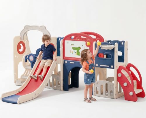 Image of Lovegirls 12-in-1 Toddler Outdoor Playset with Swing Set | Play Gym Freestanding Slide, Indoor/Outdoor Toddlers Playground Set for Backyard with Climber & Basketball Hoop