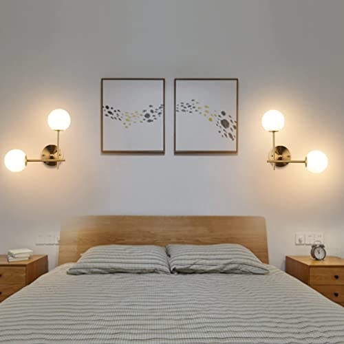 Byoliima Globe Wall Sconces 2-Lights Gold Vanity Lights For Bathroom Modern Wall Light Fixtures With White Globe Glass Shade Industrial Farmhouse Wall Lamp For Bedroom Mirror Living Room (Gold Color) #TOP6