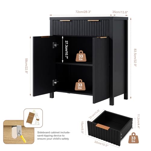 Image of Panana 2-Door 2-Drawer Storage Cabinet, Farmhouse Ribbed Style Sideboard for Kitchen, Living Room, Entryway (Black)