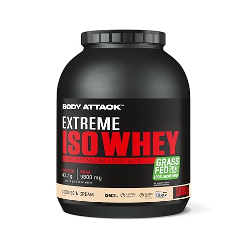 Body Attack Extreme Iso Whey, Cookies n Cream, 1,8 kg, CFM Whey Protein Isolat aus 100% irischer Weidemilch, glutenfrei, reich an EAAs, perfekt löslich, fettarm, ohne Aspartam, 90,6% Isolat-Anteil