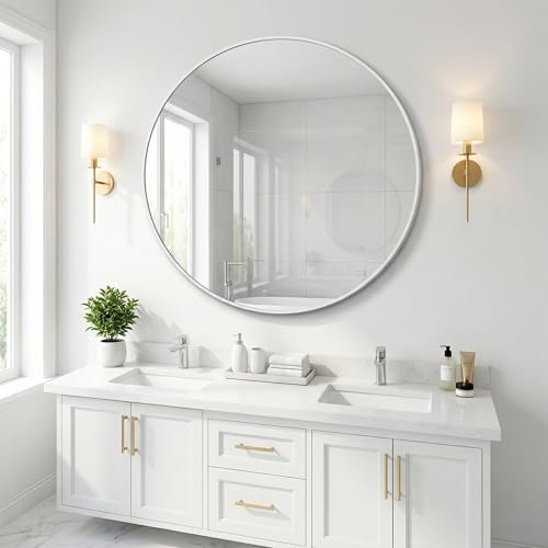 Image of HARRITPURE Round Mirror 24 inch White Wall Mounted Circle Mirrors Vanity Mirror with Brushed Aluminum Alloy Frame Modern Decoration for Bathroom, Living Room, Vanity, Bedroom, Entryway