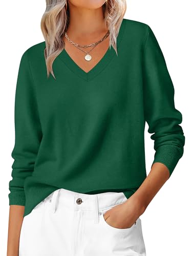 ANRABESS Womens Long Sleeve V Neck Sweaters 2025 Fall Casual Classic Soft Loose Fit Basic Pullover Jumper Top Forest Green Large