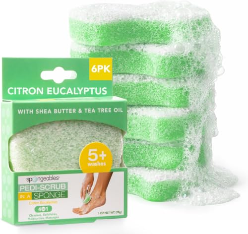 Spongables Pedi Scrub Foot Exfoliating 20+ Wash Sponge, Citron Eucalyptus, 6 Count (Pack of 6)