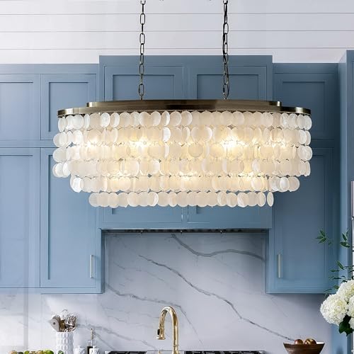 ALOADECOR 11-Lights 35.4" Farmhouse Coastal Capiz Shells Chandeliers Natural Tiered Chandelier in Antique Gold for Dining Room Living Room Kitchen Island