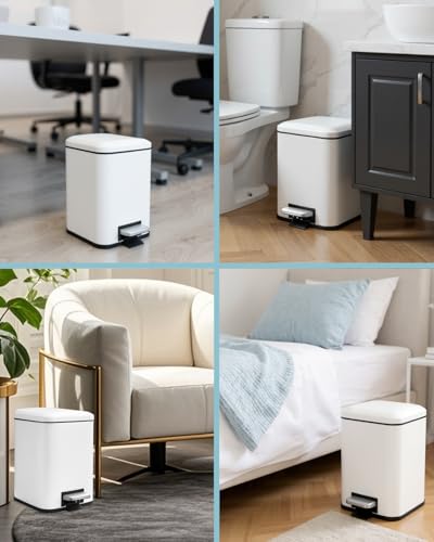Bathroom Trash Can with Lid, 6 Liter / 1.6 Gallon Stainless Steel Trash Bin, White Garbage Can with Removable Inner Bucket, Perfect Square Step Bin for Kitchen, Bathroom, Office, Bedroom