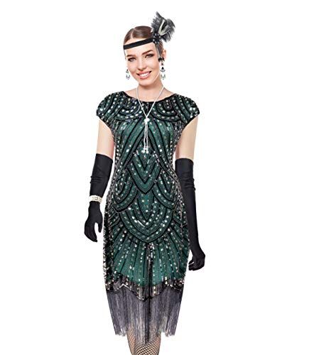 Letter Love Women 1920s Vintage Flapper Fringe Beaded Gatsby Party Dress With 20s Accessories Set (XL, Style 2-Gold Green) - Thumbnail 2
