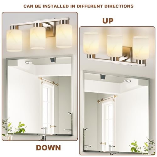 Image of 3-Light Bathroom Light Fixtures, Modern Vanity Lights, Brushed Nickel Metal Wall Lamp with White Marble Glass for Bathroom, Mirror, Living Room, Bedroom, Cabinet, Porch, Hallway, E26 Base