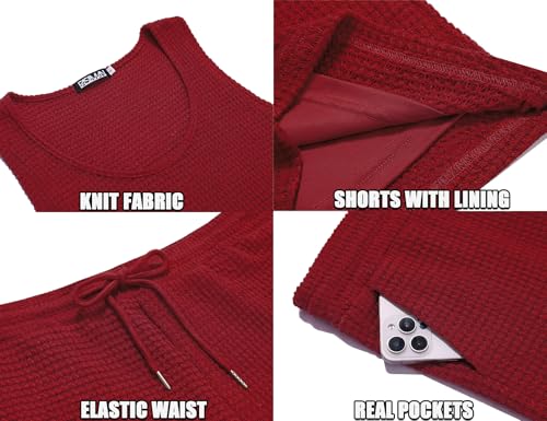 Image of Mens Waffle Shorts Sets 2 Piece Outfits Sleeveless Summer Beach Tank Tops and Shorts Casual Loungewear Sets Suits