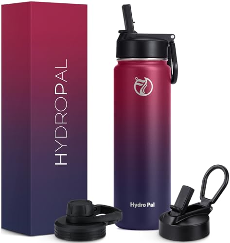 HydroPal Vakuumisolierte Edelstahl-Wasserflasche, 1200 ml/1000 ml/750 ml, 2 Deckel (Strohhalmdeckel und Auslaufdeckel), 2 Trinkhalme für 12 Stunden heiße und 24 Stunden kalte Getränke, ideal für