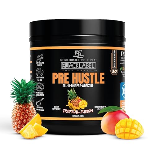 Image of Blacklabel PRE Hustle V3 NSF Certified for Sport Pre-Workout Powder | Tropical Fusion, Energy, Strength & Endurance Support With Creatine & Caffeine, 30 Servings