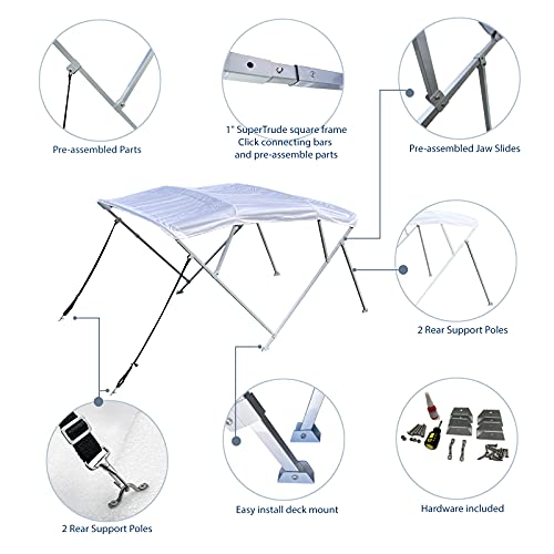 Image of Savvycraft 4 Bow Bimini Top, 10 Feet Long Square Tube Bimini Top Set, Includes Marine Grade Canvas Cover, Storage Boot, Rear Poles with 1 Inch Aluminum Frame, Black, 4 Bow 120 inch L 54 inch H 97 inch- 103 inch W