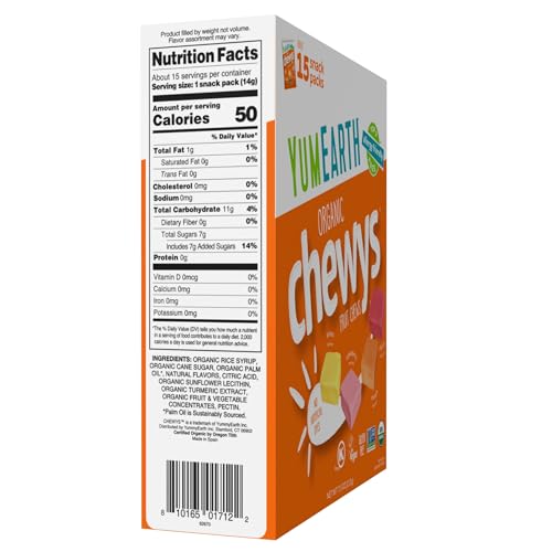 Image of YumEarth Organic Chewys Fruit Flavored Candy Chews - Allergy Friendly, Gluten Free, Non-GMO, Vegan, No Artificial Dyes - Assorted Flavors, 7.5 oz. (Pack of 2)