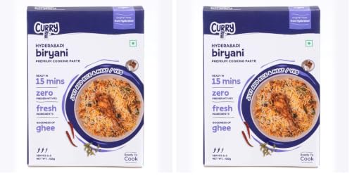 Image of CURRYiT Hyderabadi Biryani Cooking Paste | Ready to Cook in 15 Minutes | No Preservatives | Made with Ghee | Authentic Restaurant Style Biryani Masala | Just Add Rice & Meat or Veg | 120g (Pack of 2)