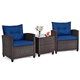 ORALNER 3 Pieces Wicker Patio Furniture Set, Outdoor Conversation Set Rattan Chairs with Soft Cushions, Glass Coffee Table, Bistro Set for Front Porch Balcony Garden Deck Poolside (Navy Blue)