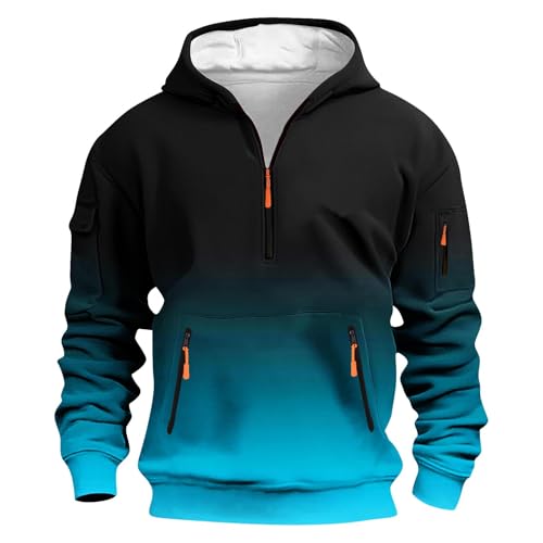 Mens Fleece Hoodies With Zipper Pockets Quarter Zip Gradient Color Pullover Long Sleeve Hooded Sweatshirt Tops