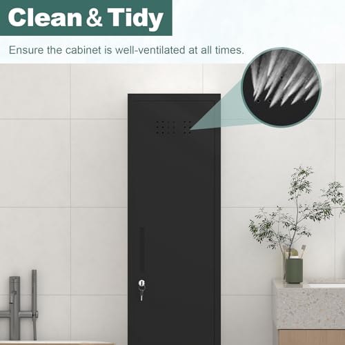 Image of Slim Cabinet for Small Spaces, Metal Bathroom Storage Cabinet with Shelves, Hooks, Narrow Locking Cabinets with 2 Keys, 65 inch H Tall Storage for Home Office, Living Room, Dining Room, Black