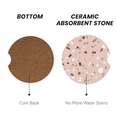 Image of Pink Terrazzo Car Coasters for Cup Holder Absorbent Ceramic Cup Coaster 2 Pack Anti Slip Car Interior Accessories with Finger Notch Cork Base for Women Men 2.56 inch