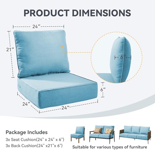 Image of Outdoor Cushion Set for Patio Furniture, UV Resistant, Water Resistant - 6 Inch Thick Foam Garden Cushions- 24x24 Inch Patio Seat Covers for Chair /Sofa /Couch | Light Blue | 3-Pack |