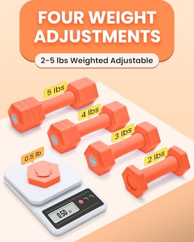 Adjustable Dumbbells Set, 4 in 1 Hand Weights Set for Women Men 10 LB Dumbbell Pair Each 2lbs 3lbs 4lbs 5lbs Weights Dumbbells Set with TPU Soft Rubber Handle for Home Gym Exercise Fitness - Orange