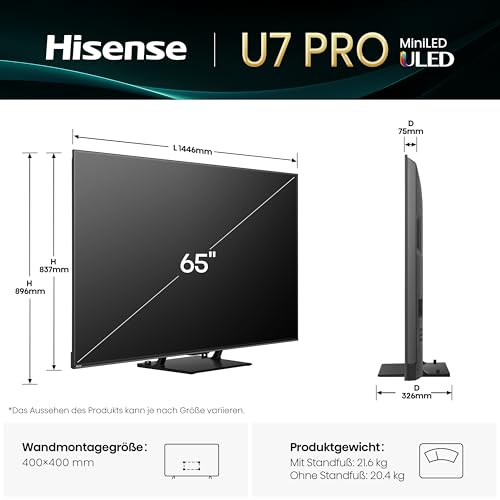 Hisense 65U7Q Pro Fernseher 65 Zoll, 4K Mini LED, Smart TV, Hi-View AI Engine Pro, 165Hz Game Mode Ultra, FreeSync Premium Pro, 2.1.2 ch. Surround Sound, Dolby Vision IQ Atmos, Sprachsteuerung [2025]
