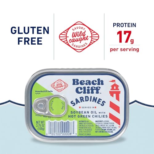 Beach Cliff Wild Caught Sardines in Soybean Oil with Hot Green Chilies, 3.75 oz Can - 12g Protein per Serving - Gluten Free, Keto Friendly - Great for Pasta & Seafood Recipes