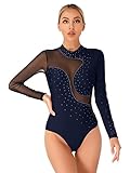 iiniim Women's Rhinestone Ballet Dance Leotard Mesh Long Sleeve Gymnastics Leotards Bodysuit Tops Dancewear Navy Blue Large