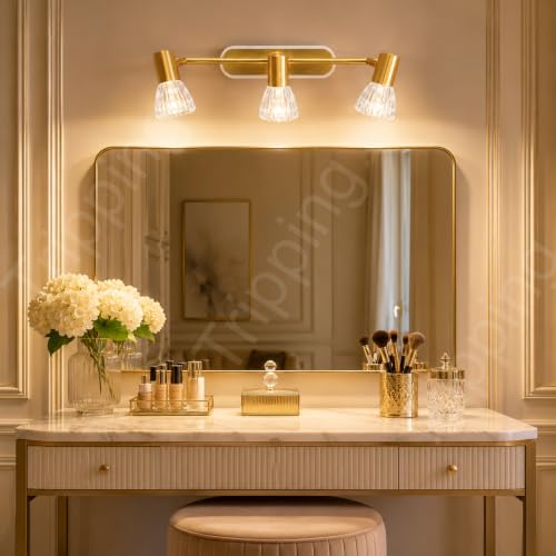 Image of TRIPPING 12W 3-in-1 LED Wall Lamp with 3 Adjustable Heads, Gold Metal Body and Crystal Shades, Warm White, Natural White & White Focus Light for Dressing Table, Mirror and Accent Walls, 50 x 15 x 7 cm
