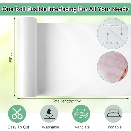 Phinus Fusible Interfacing for Sewing, Medium Weight White 11.8in X 15yd Iron on Interfacing, Fusible Fleece Interfacing for Sewing for Sewing Supplies and DIY Crafts Supplies