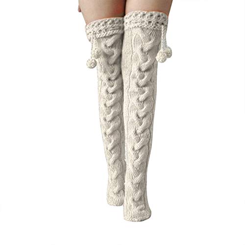 Women's Cable Knit Thigh High Boot Socks Extra Long Winter Stockings Leg Warmers ((Ball) Beige)