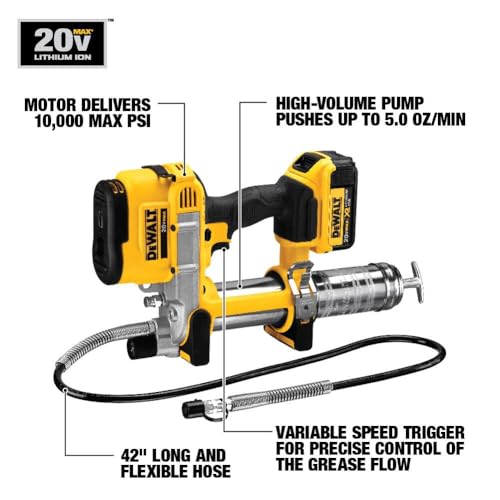 DEWALT Grease Gun Kit 20V MAX with Battery and Charger Cordless Grease Gun, 42” Hose, 10,000 PSI, Variable Speed Triggers (DCGG571M1)